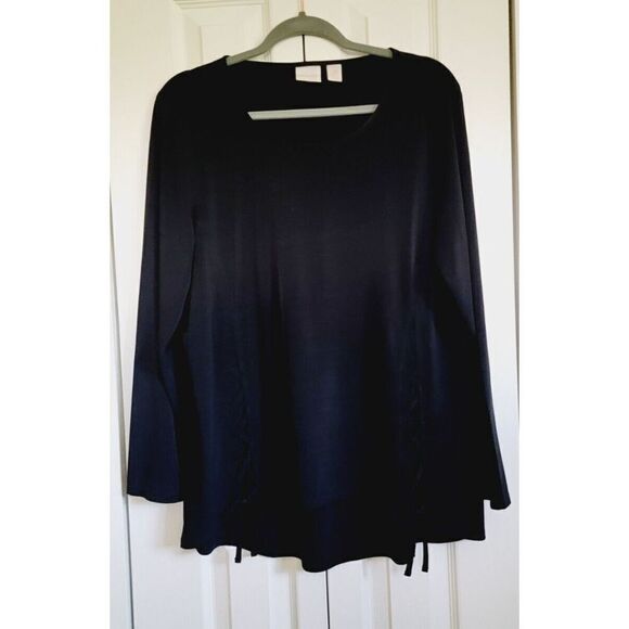 Chico's 2‎ Black Lattice Crossover Front Tunic Blouse Liquid Knit Sz L Long Slv - Picture 2 of 6